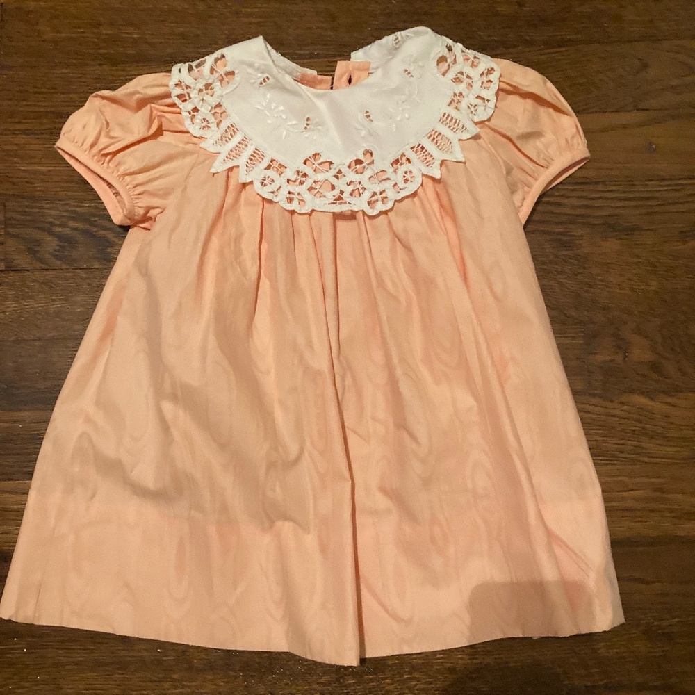 Peach Moire Cotton Dress with Lace Collar Judy Lynn SIze 2T
